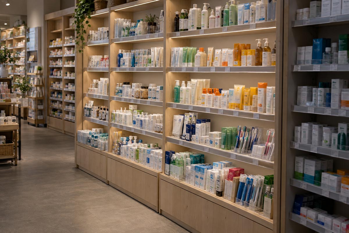 Belysning hyllor butik affär medicin