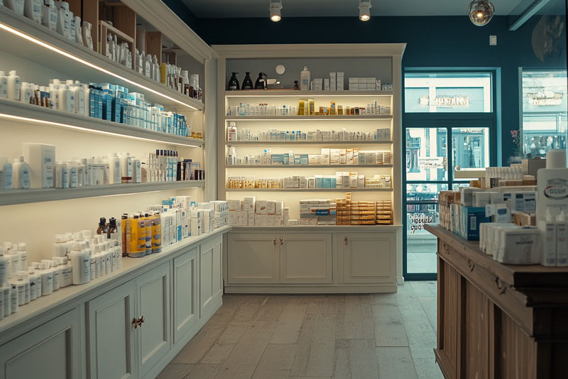 Mysigt ljus i hyllor i butik apotek