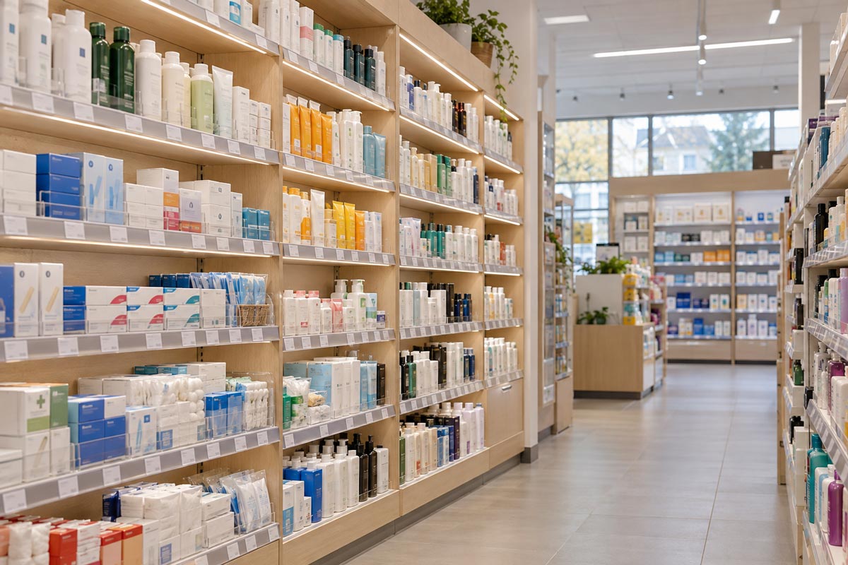 Mysigt ljus i hyllor i butik apotek